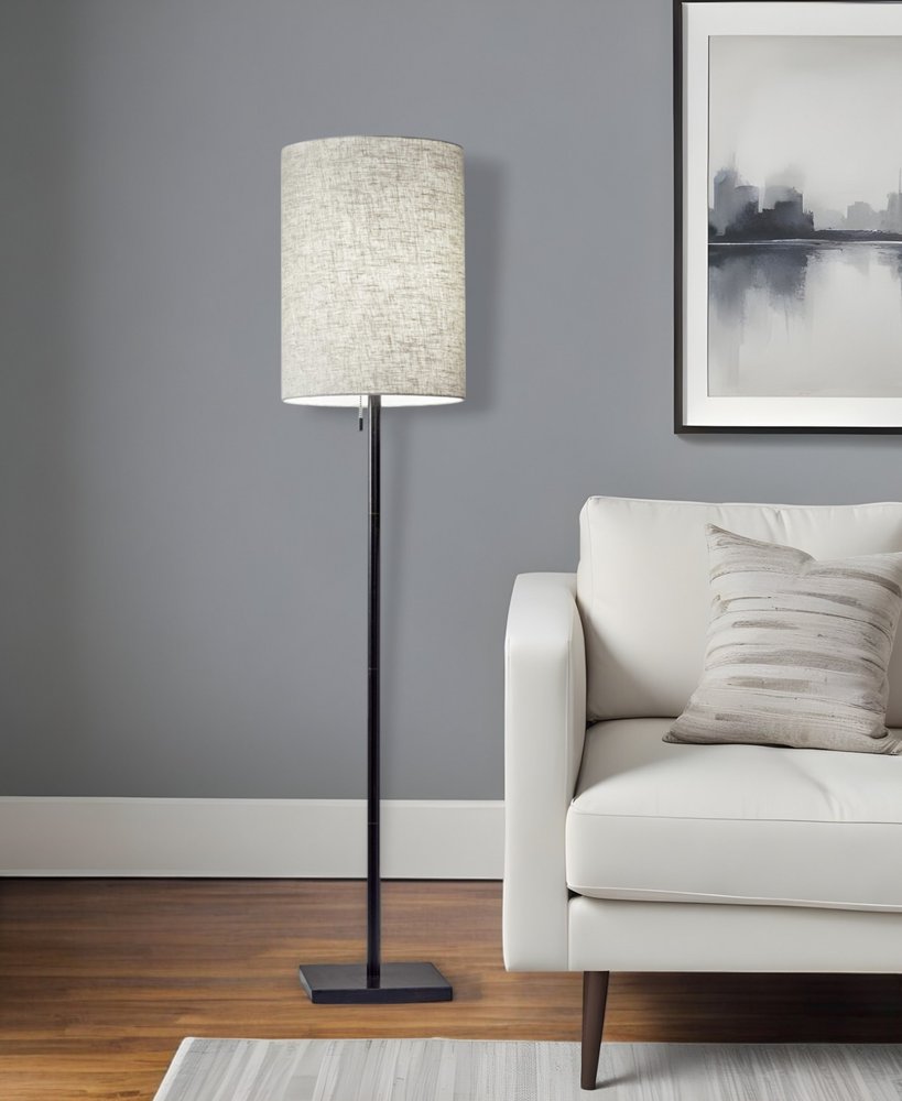 61" Brass Metal Floor Lamp With White Fabric Cylinder Shade