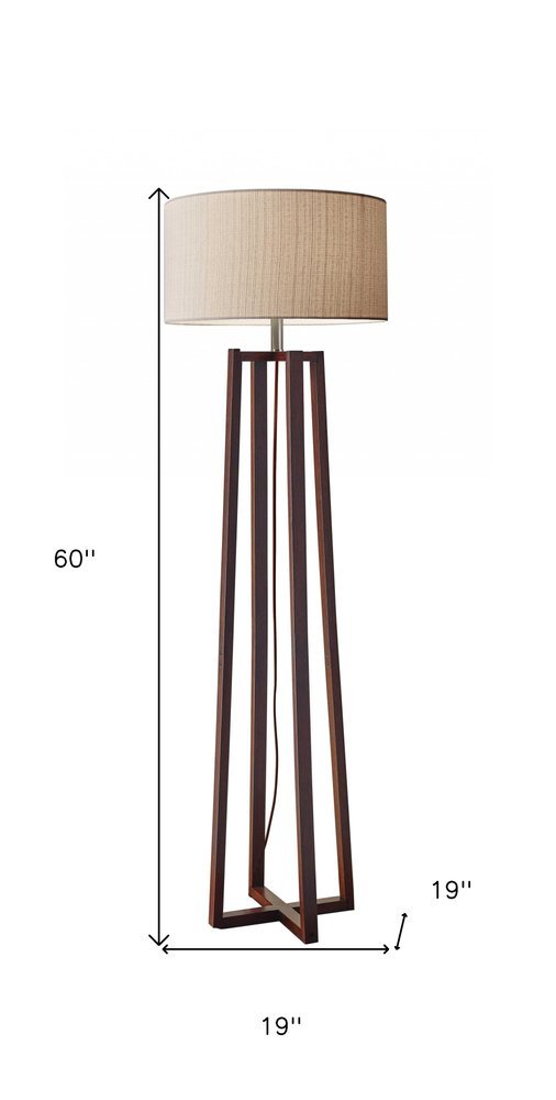60" Brown Solid Wood Novelty Floor Lamp With Beige Fabric Drum Shade - Hallam Custom Woodworking - HomeRoots