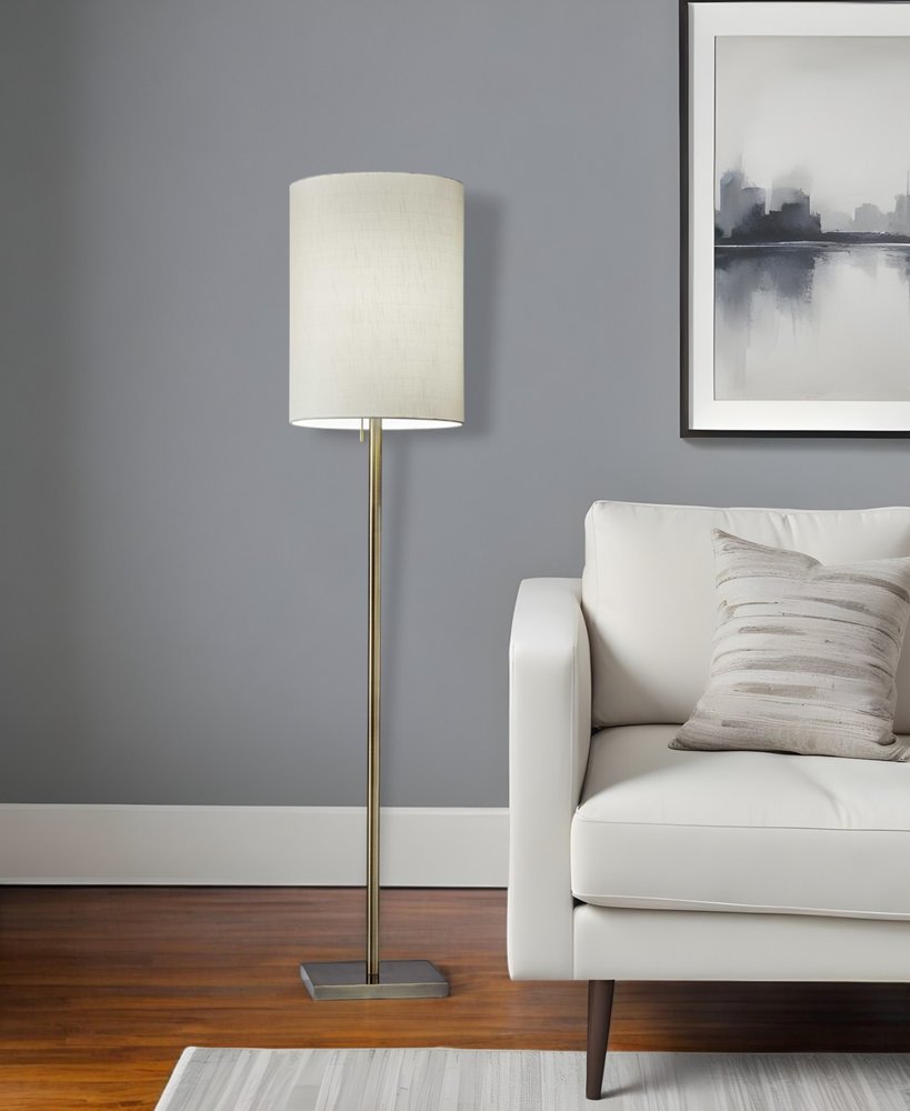 61" Brass Metal Floor Lamp With White Fabric Cylinder Shade - Hallam Custom Woodworking - HomeRoots