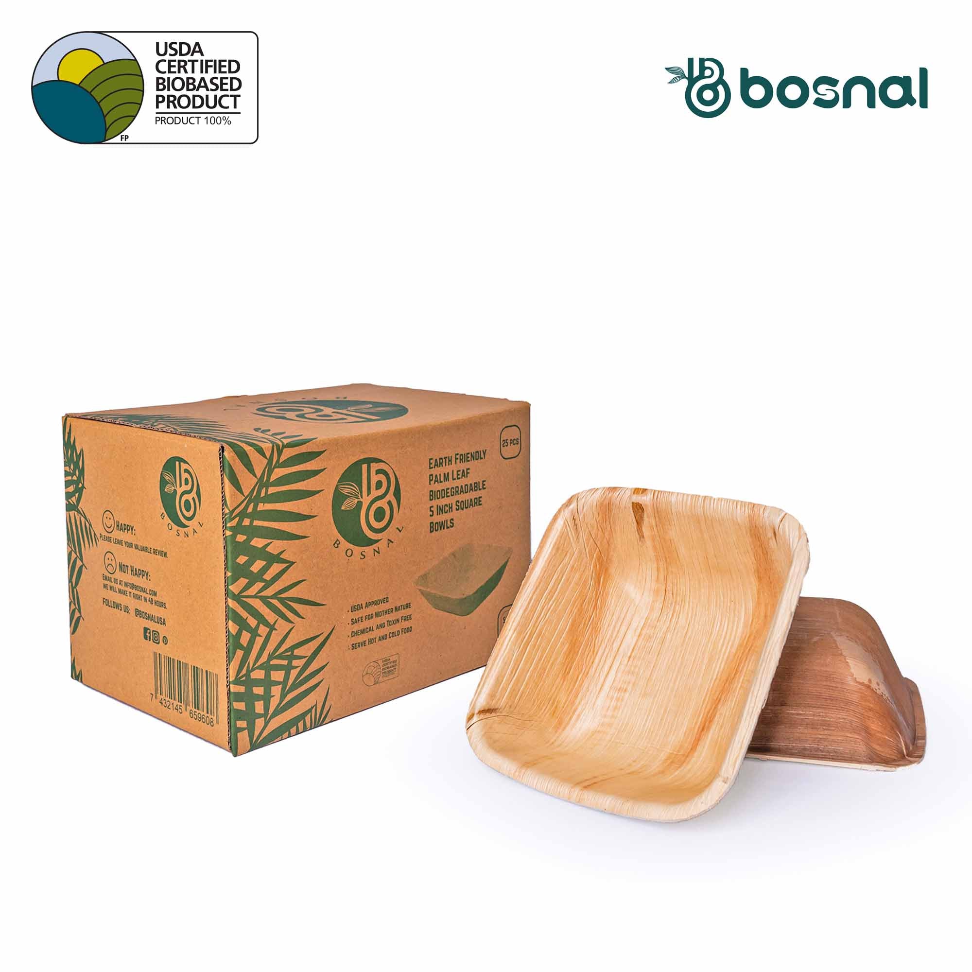 Bosnal - Palm Leaf Biodegradable Bowls, 5 inch, Square - Hallam Custom Woodworking - Bosnal