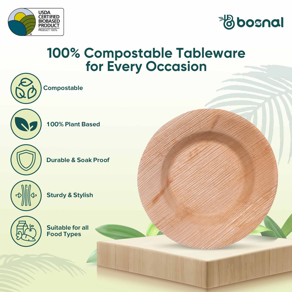 Bosnal - Palm Leaf Biodegradable Bowls, 9.5 inch Round Soup Bowl - Hallam Custom Woodworking - Bosnal