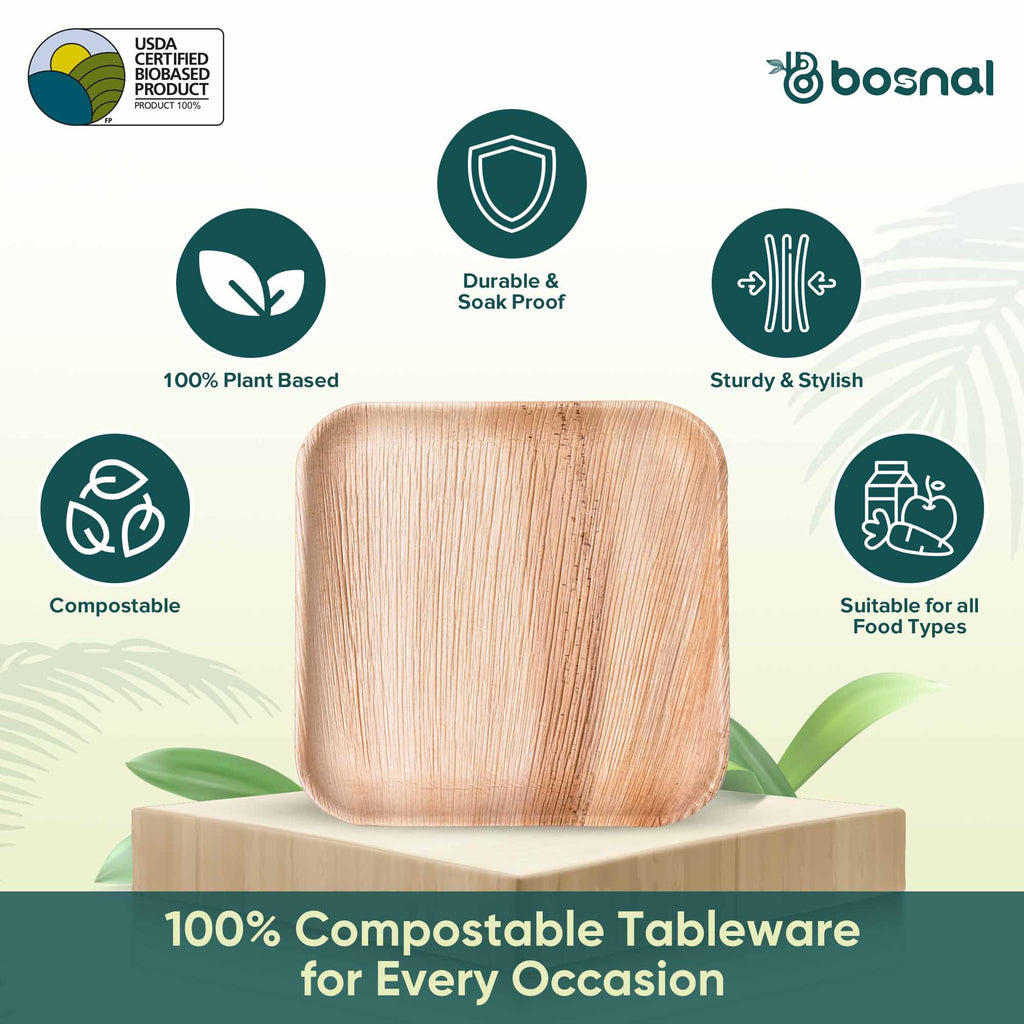 Bosnal - Palm Leaf Biodegradable Plates, 10 inch, Square - Hallam Custom Woodworking - Bosnal