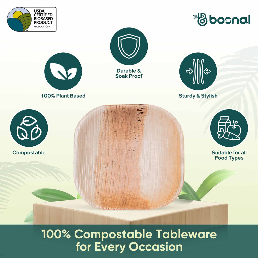 Bosnal - Palm Leaf Biodegradable Plates, 4 inch, Square - Hallam Custom Woodworking - Bosnal