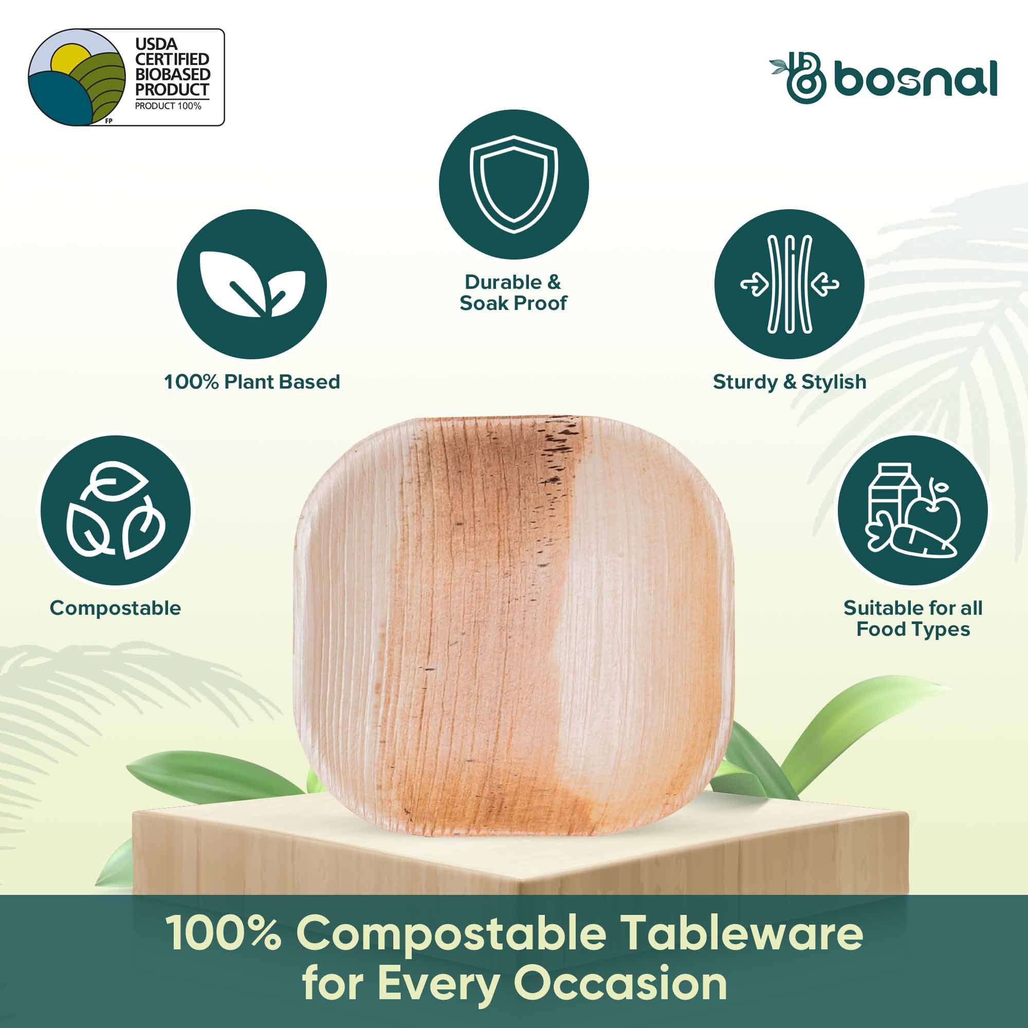 Bosnal - Palm Leaf Biodegradable Plates, 4 inch, Square - Hallam Custom Woodworking - Bosnal