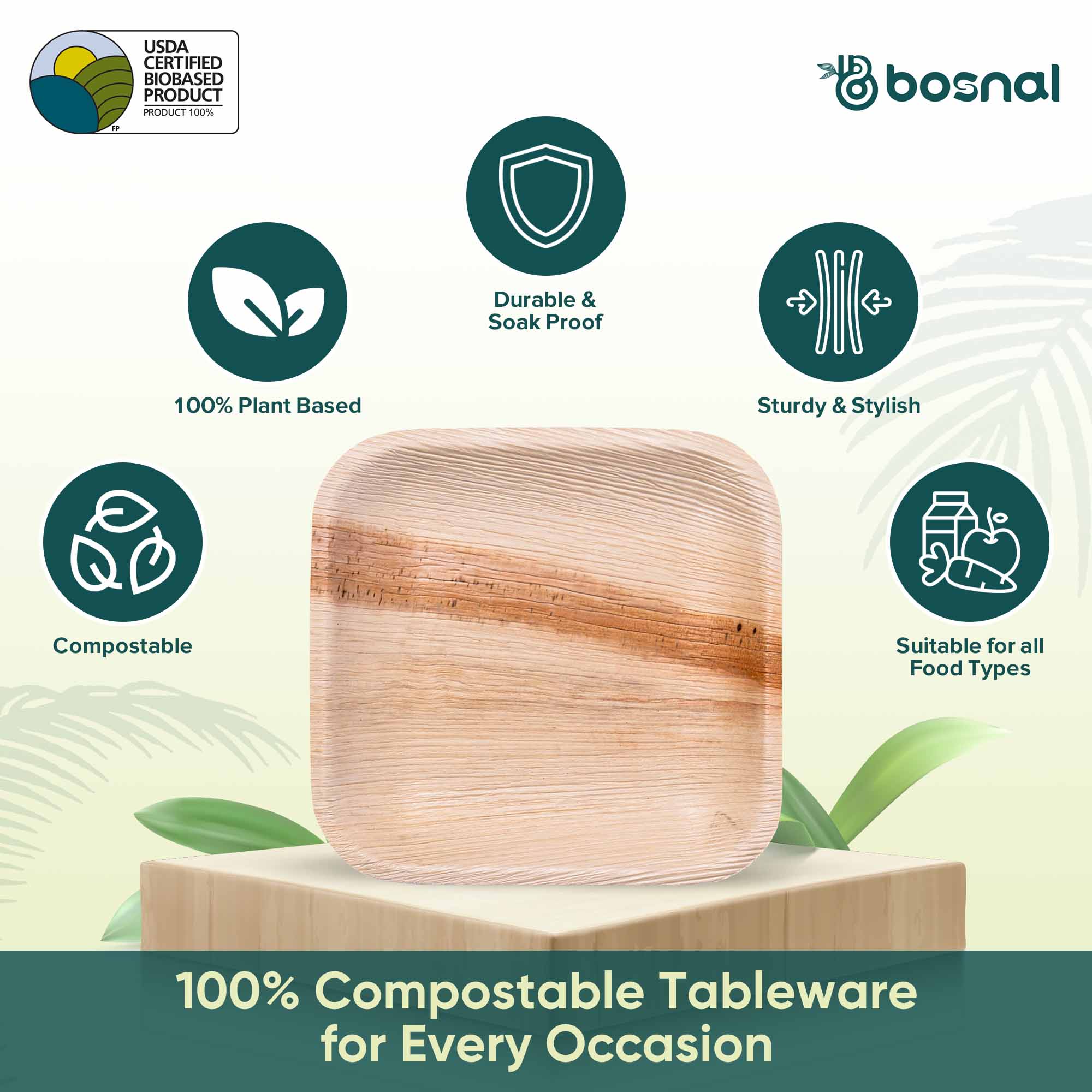 Bosnal - Palm Leaf Biodegradable Plates; 7 inch, Square - Hallam Custom Woodworking - Bosnal