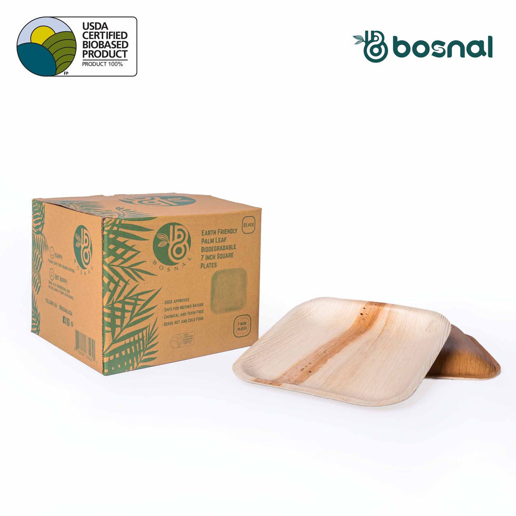 Bosnal - Palm Leaf Biodegradable Plates; 7 inch, Square - Hallam Custom Woodworking - Bosnal