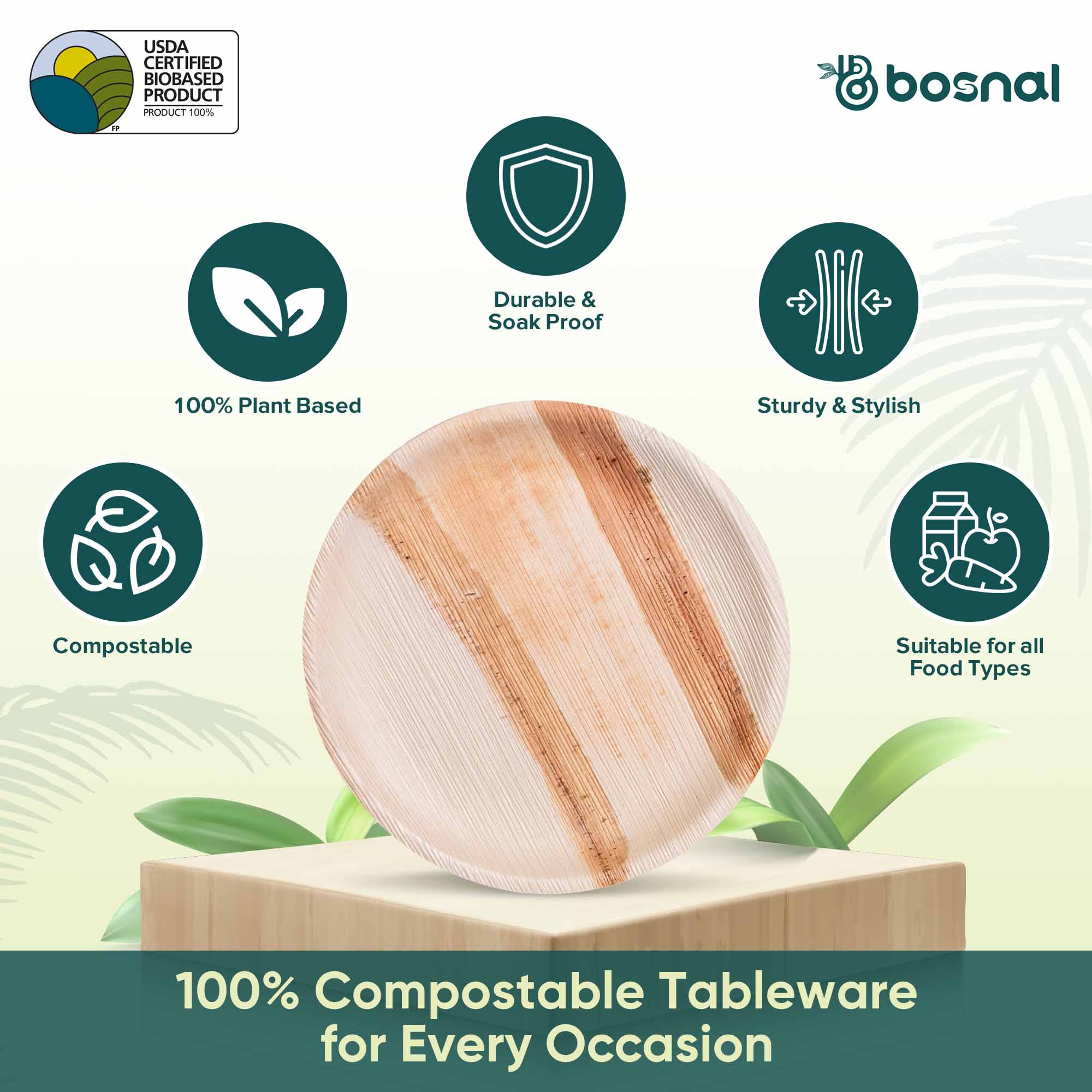 Bosnal - Palm Leaf Biodegradable Plates, 9 inch, Round - Hallam Custom Woodworking - Bosnal