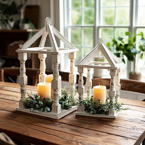 Distressed White Turned Wooden Open Lanterns, Set of Two - Hallam Custom Woodworking - Decor Steals