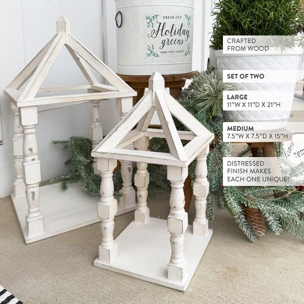 Distressed White Turned Wooden Open Lanterns, Set of Two - Hallam Custom Woodworking - Decor Steals