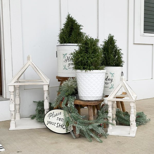 Distressed White Turned Wooden Open Lanterns, Set of Two - Hallam Custom Woodworking - Decor Steals