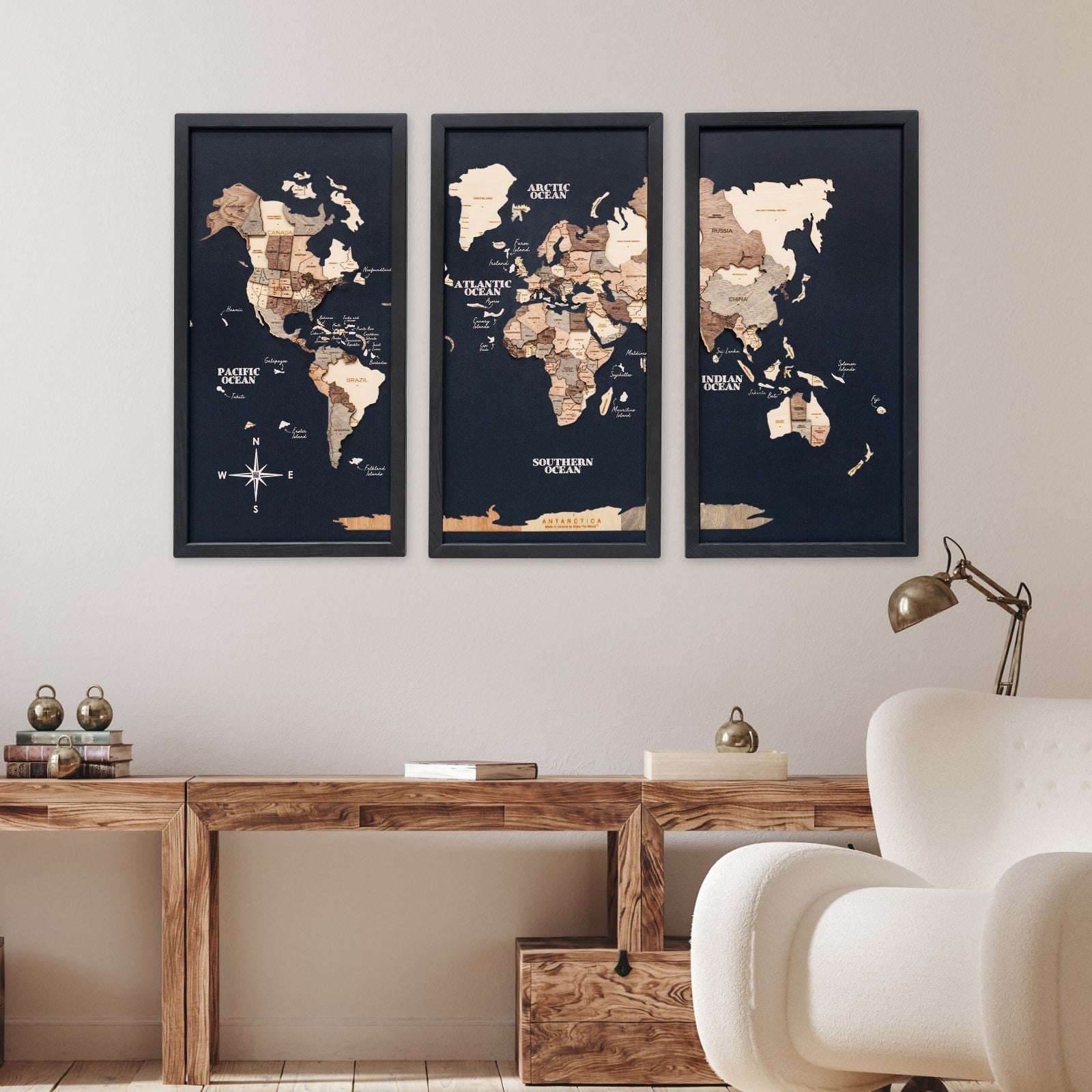 Triptych Wall Art - Wooden World Map (Smokey) - Hallam Custom Woodworking - Enjoy The Wood
