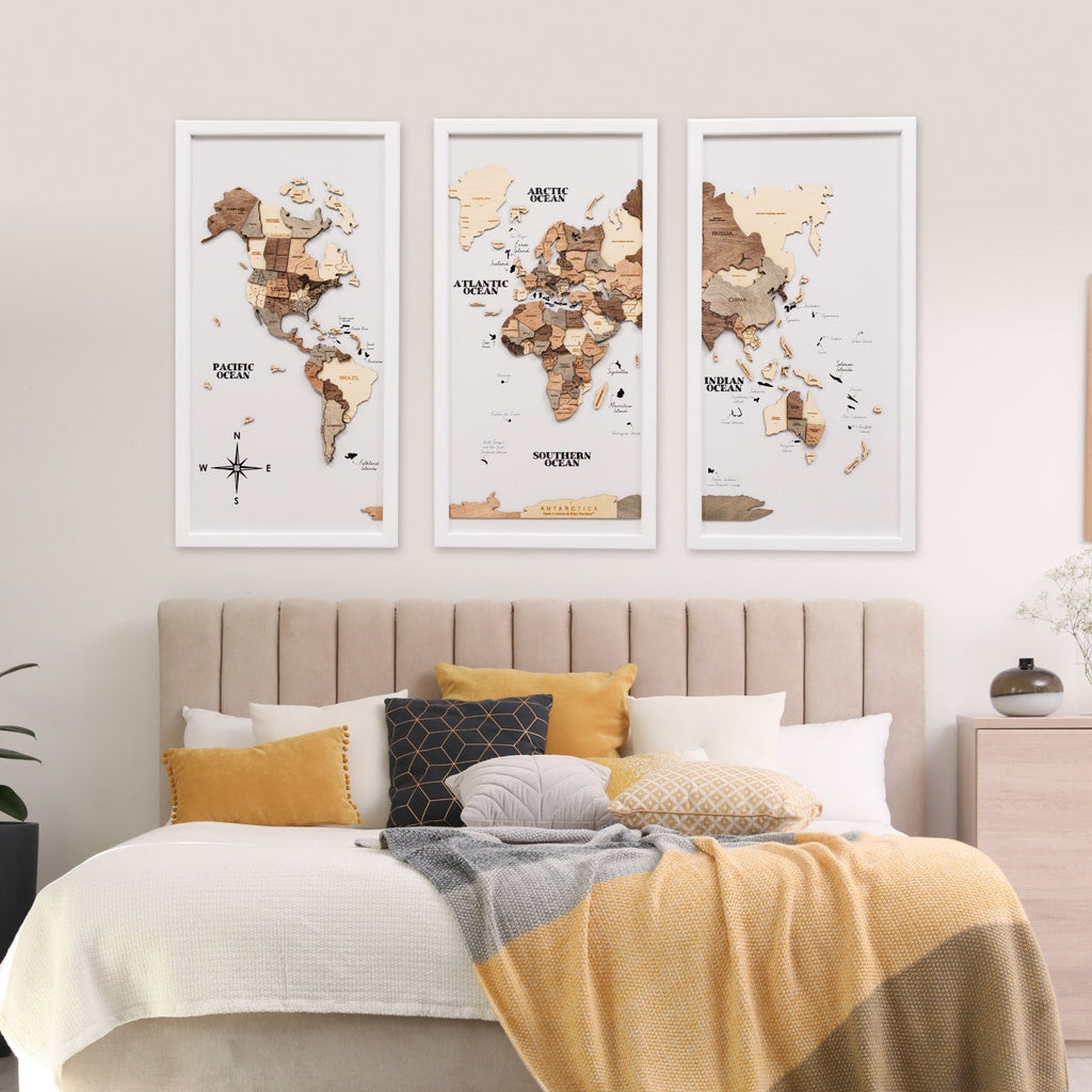 Triptych Wall Art - Wooden World Map (Smokey) - Hallam Custom Woodworking - Enjoy The Wood