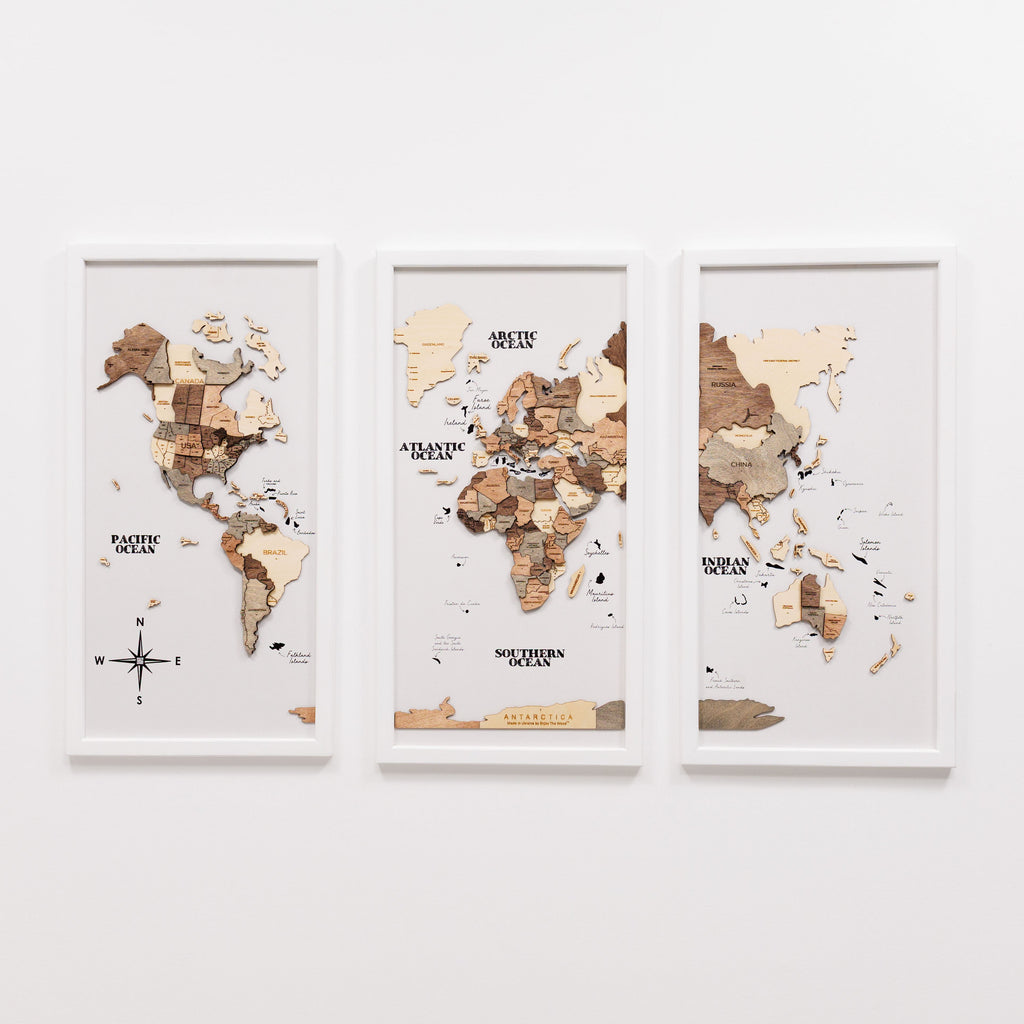Triptych Wall Art - Wooden World Map (Smokey) - Hallam Custom Woodworking - Enjoy The Wood