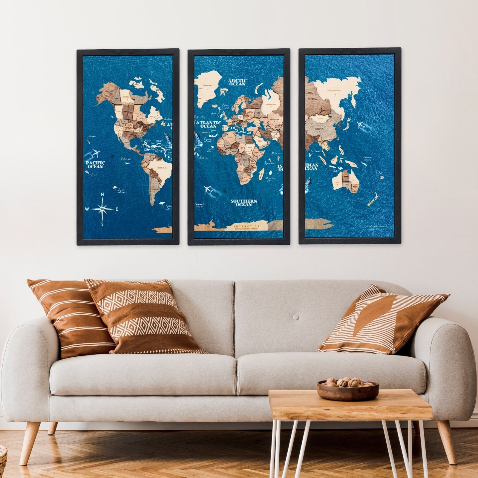 Triptych Wall Art - Wooden World Map (Smokey) - Hallam Custom Woodworking - Enjoy The Wood